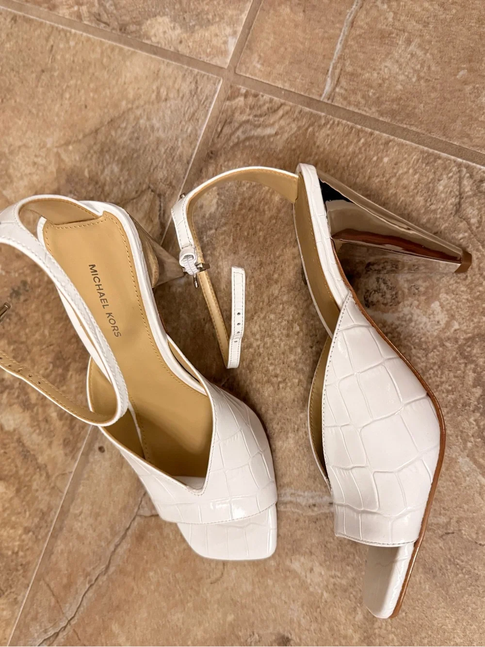 Michael Kors White Croc-Embossed Open-Toe Slingback Heels